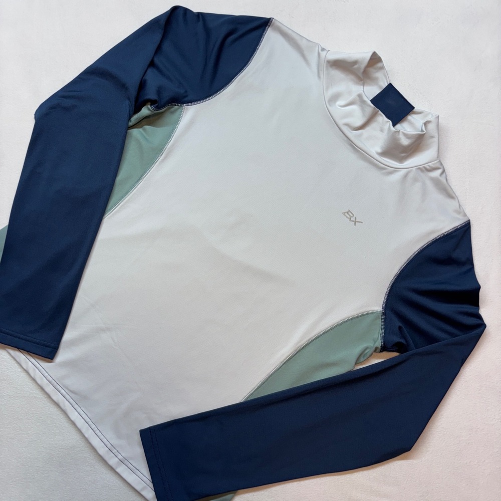 B X Vertigo Roxana Long Sleeve Mock Neck Athletic Performance Top Blue Green
